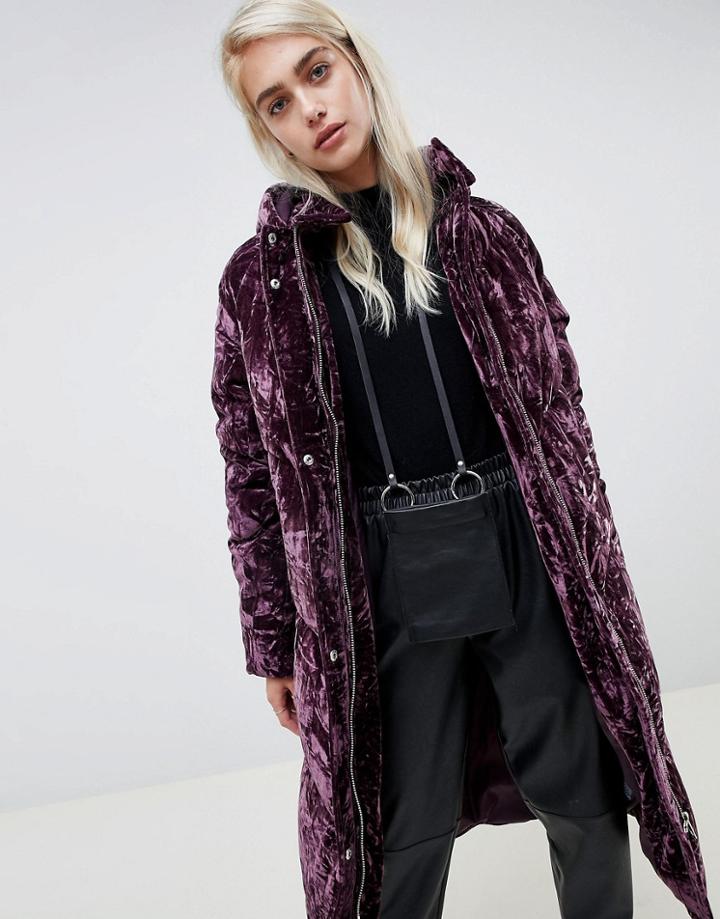 Asos Design Crushed Longline Velvet Padded Jacket - Black