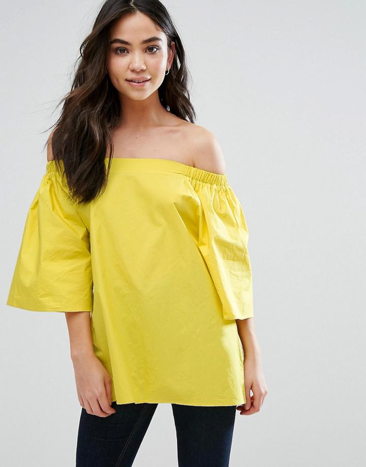 Orion Eve Off Shoulder Poplin Top With Flare Sleeves - Yellow