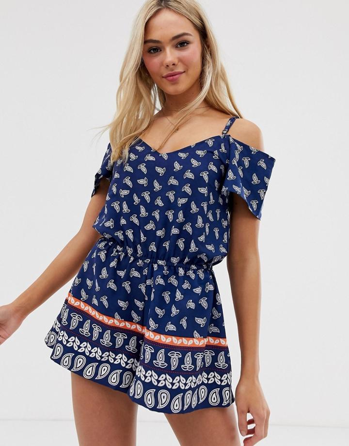 Heartbreak Off Shoulder Romper In Border Print - Blue