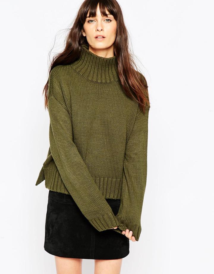 Asos Boxy Sweater With Chunky High Neck - Khaki