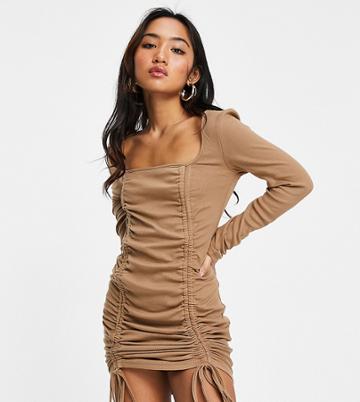 Naanaa Petite Square Neck Ruched Dress In Stone-neutral