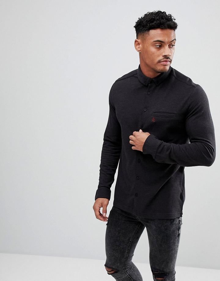 Original Penguin Pique Buttondown Shirt Small Logo Slim Fit In Black Marl - Black