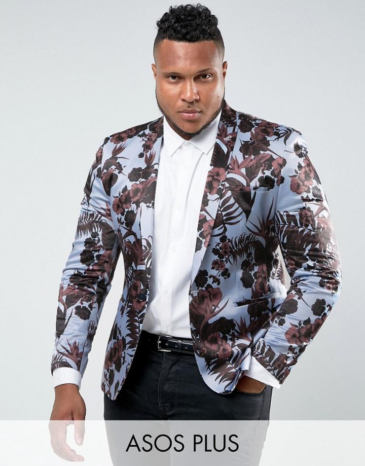 Asos Plus Super Skinny Blazer With Burgundy Floral Print - Blue