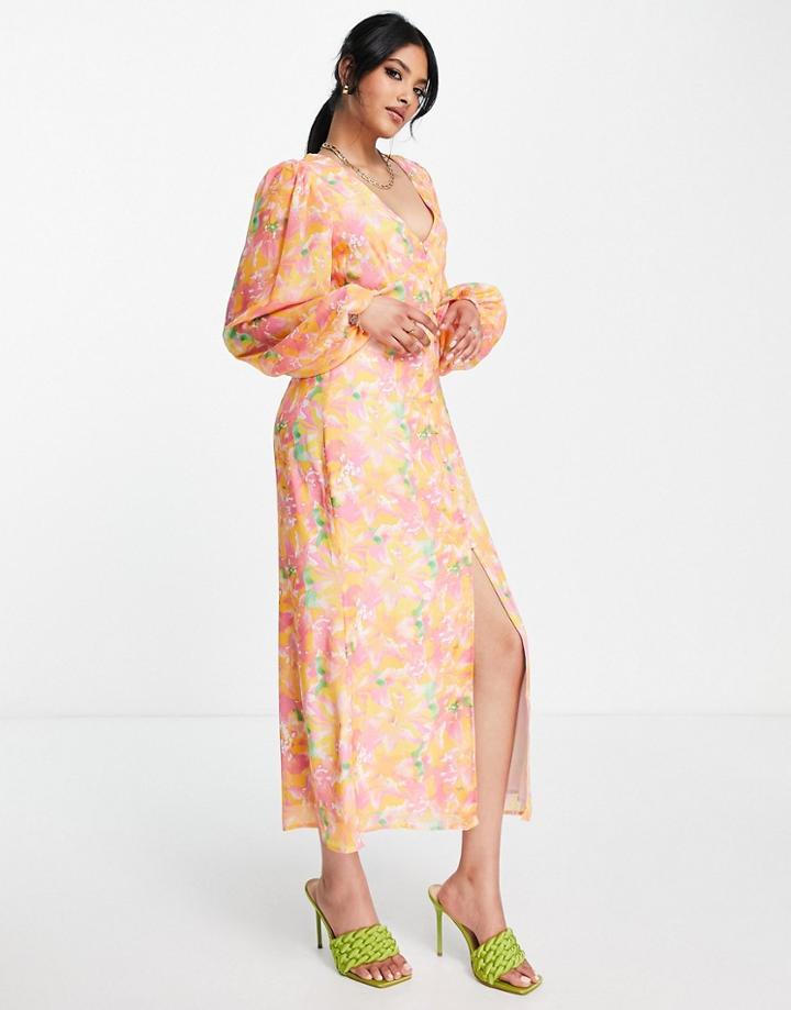 Pretty Lavish Balloon Sleeve Midaxi Dress In Pink And Orange Abstract Floral-multi