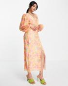 Pretty Lavish Balloon Sleeve Midaxi Dress In Pink And Orange Abstract Floral-multi