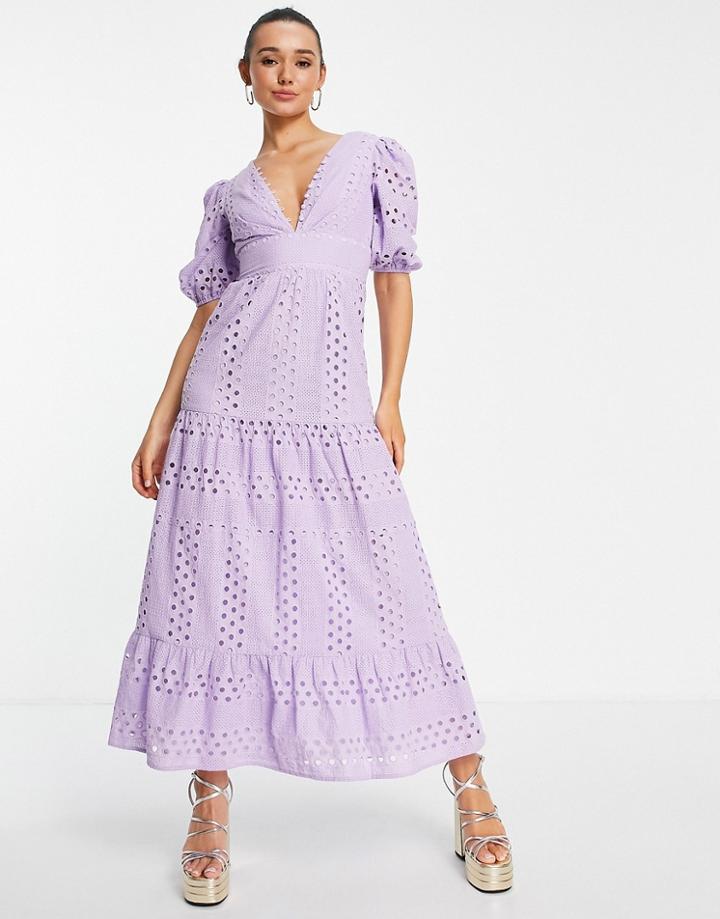 Asos Design Premium Plunge Eyelet Tiered Midi Dress With Button Neck In Lilac-purple