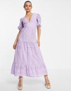 Asos Design Premium Plunge Eyelet Tiered Midi Dress With Button Neck In Lilac-purple