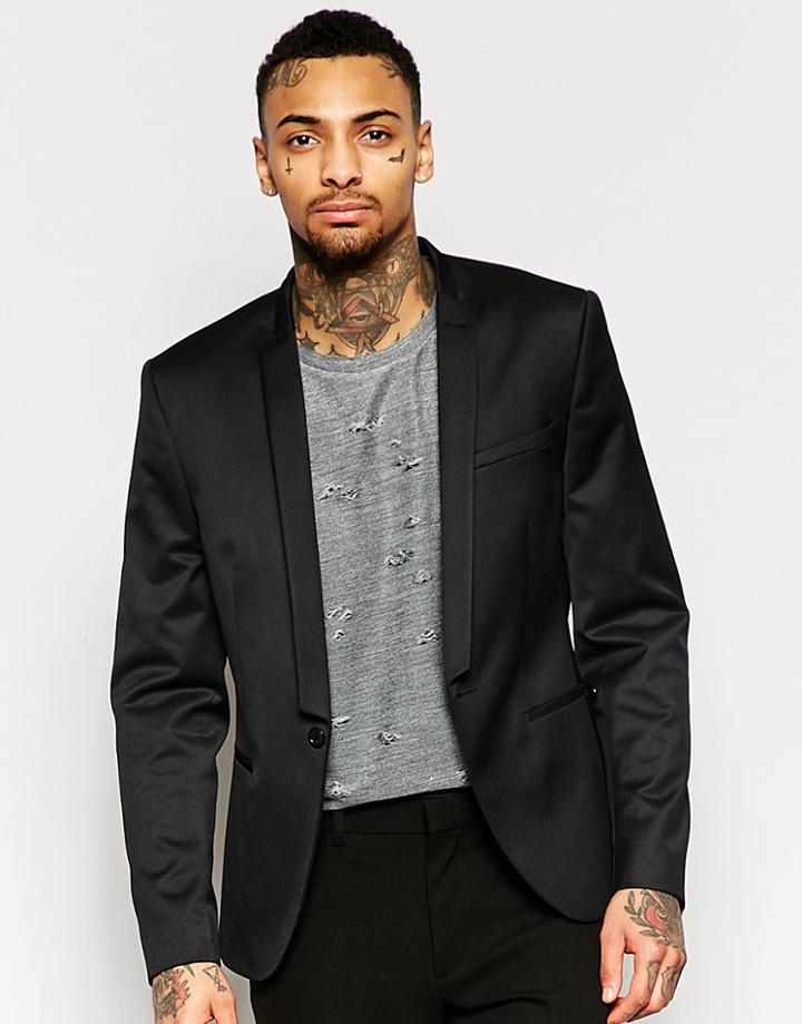 Asos Skinny Blazer With Cut Away Collar In Black - Black