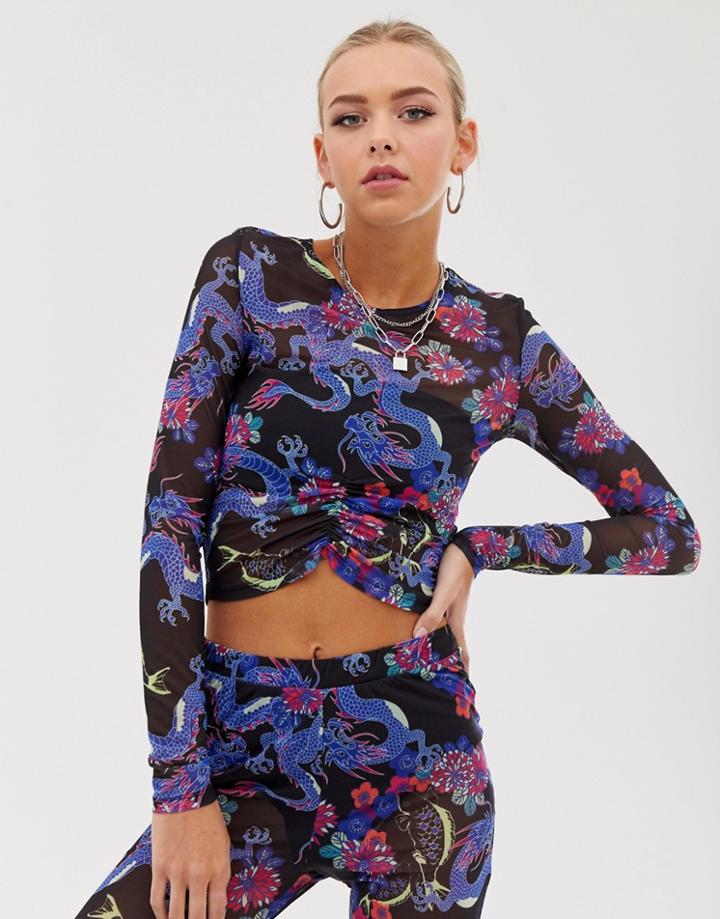 Asos Design Two-piece Mesh Crop Top In Bright Dragon Print With Ruched Front-multi