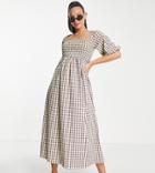 Lola May Tall Shirred Bust Midi Smock Dress In Check-multi