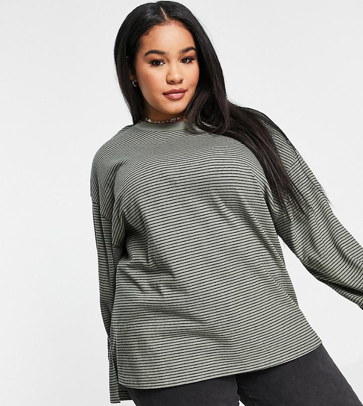 Asos Design Curve Oversized Textured Stripe T-shirt With Long Sleeve-multi
