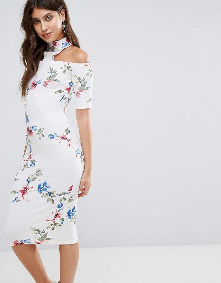 Ax Paris Cream T-bar Floral Printed Midi Dress - Cream
