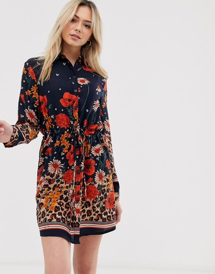 Brave Soul Lioness Shirt Dress In Mix Print-navy