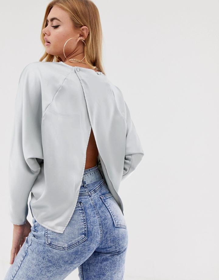 Asos Design Batwing Top In Satin With Wrap Back-green