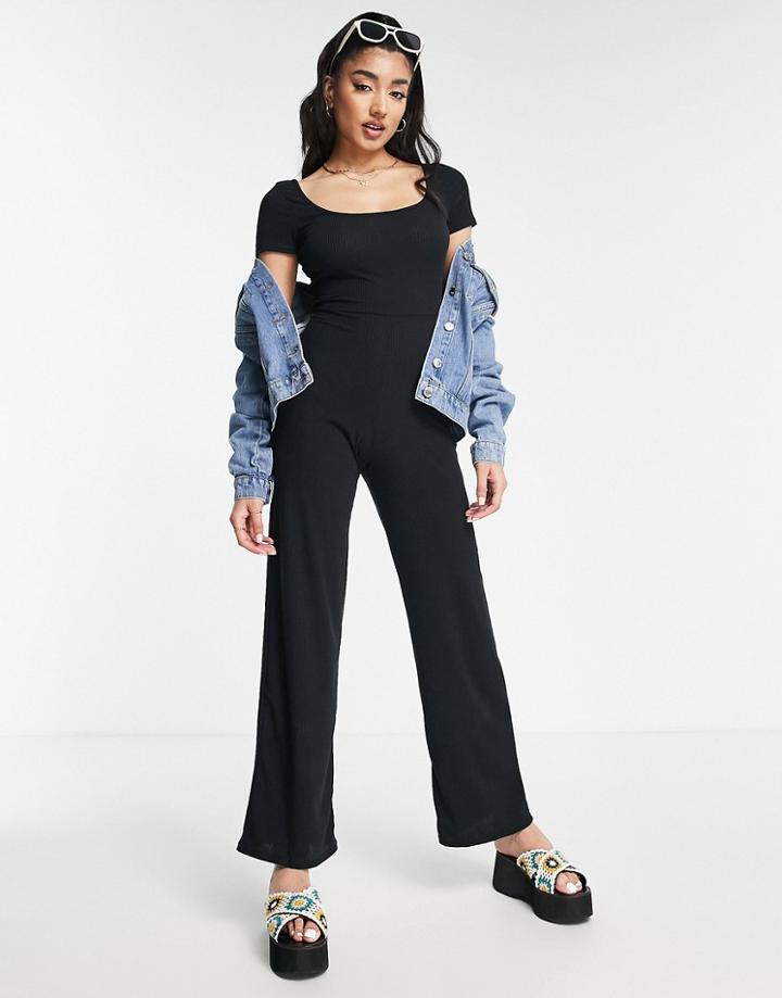 Miss Selfridge Backless Wide Leg Rib Jumpsuit In Black