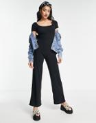 Miss Selfridge Backless Wide Leg Rib Jumpsuit In Black