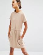 Daisy Street Short Sleeve Sweater Dress With Draw String Waist - Tan