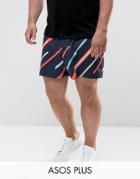 Asos Plus Slim Shorter Shorts With Elasticated Waist And Line Print - Navy