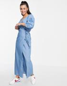 Vila V Neck Denim Wrap Dress With Puff Sleeve In Blue-blues