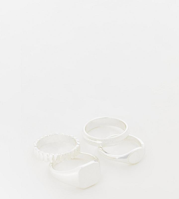 Asos Design 4-pack Mixed Rings Set With Line Deboss And Hexagon Shape In Real Silver Plate