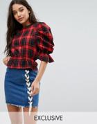 Missguided Plaid Exaggerated Sleeve Top - Red