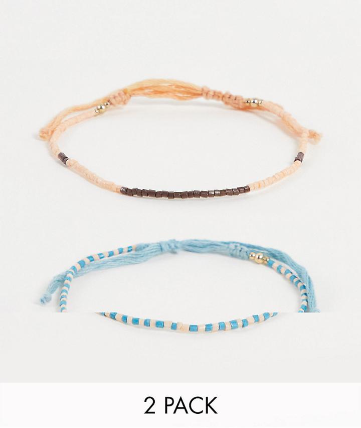 Asos Design Festival 2 Pack Beaded Bracelet Set In Blue And Cream-multi