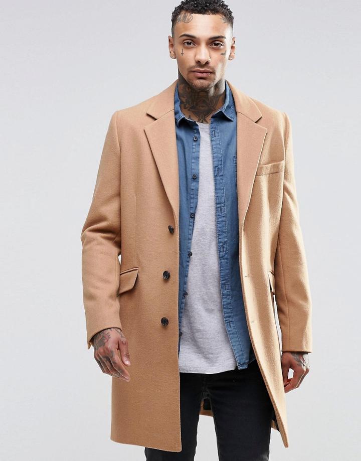 Asos Wool Mix Overcoat In Camel - Camel