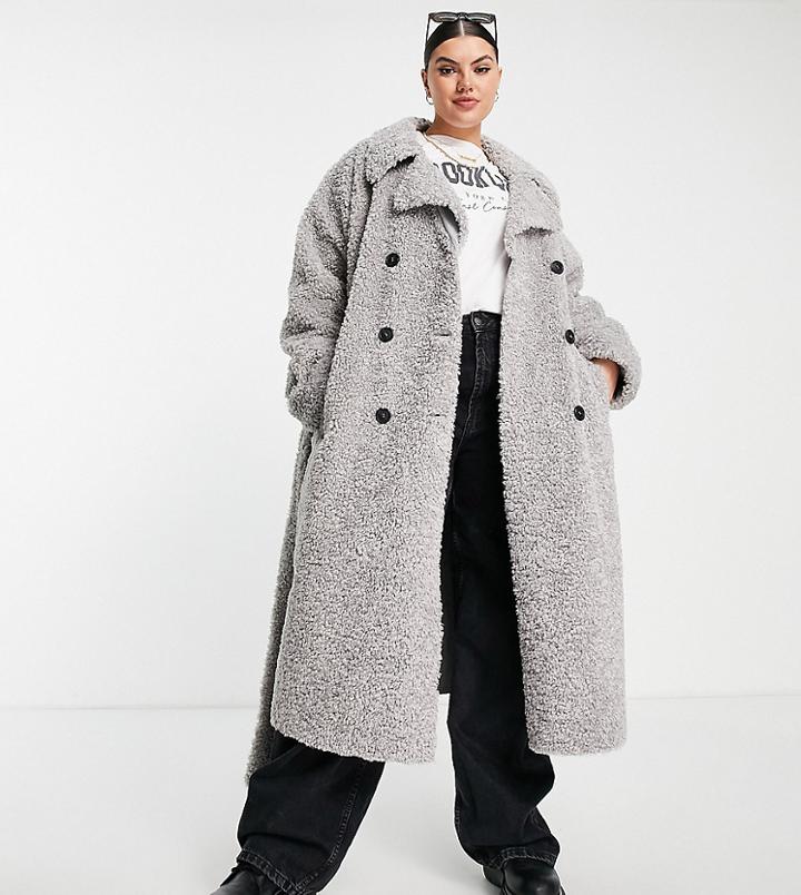 Asos Design Curve Bonded Shearling Trench Coat In Gray