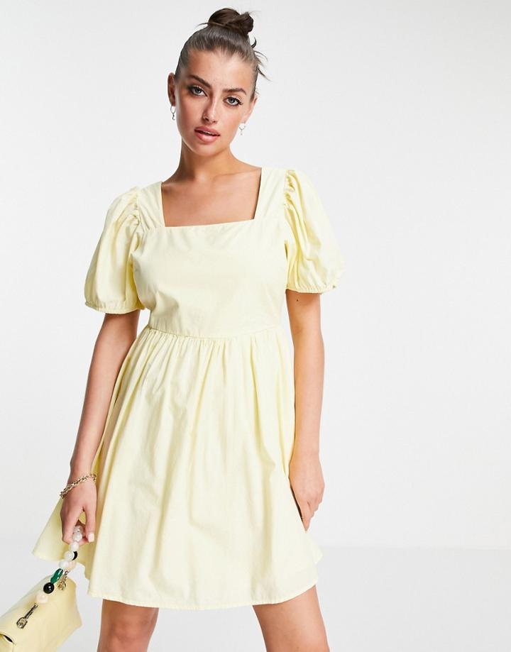 Vero Moda Cotton Square Neck Puff Sleeve Mini Dress In Yellow