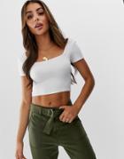 Asos Design Cap Sleeve Square Neck Crop T-shirt In White - White