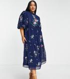 Asos Design Curve High Neck Textured Embroidered Midi Dress With Lace Trims In Navy
