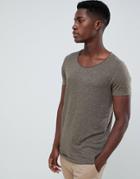 Asos Design Longline T-shirt With Raw Scoop Neck And Curve Hem In Linen Mix In Khaki - Green
