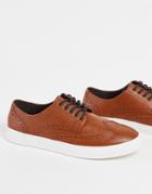 Asos Design Lace Up Brogue Shoe In Tan Faux Leather-brown