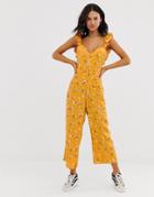 Asos Design Frill Strappy Culotte Jumpsuit In Ditsy Floral - Yellow