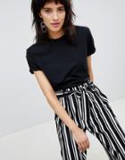Stradivarius Crop Jersey Roll Sleeve Tee Plain - Black