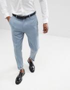 Asos Design Wedding Skinny Crop Smart Pants In Blue Wool Mix With Turn Up - Blue