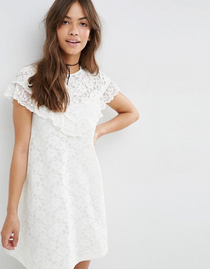 Asos Lace Swing Dress With Ruffle Yoke - Cream