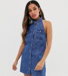 Asos Design Petite Denim Sleeveless Shirt Dress In Midwash Blue - Blue