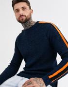 Only & Sons Taped Neon Stripe Sleeve Knitted Sweater In Navy-blue