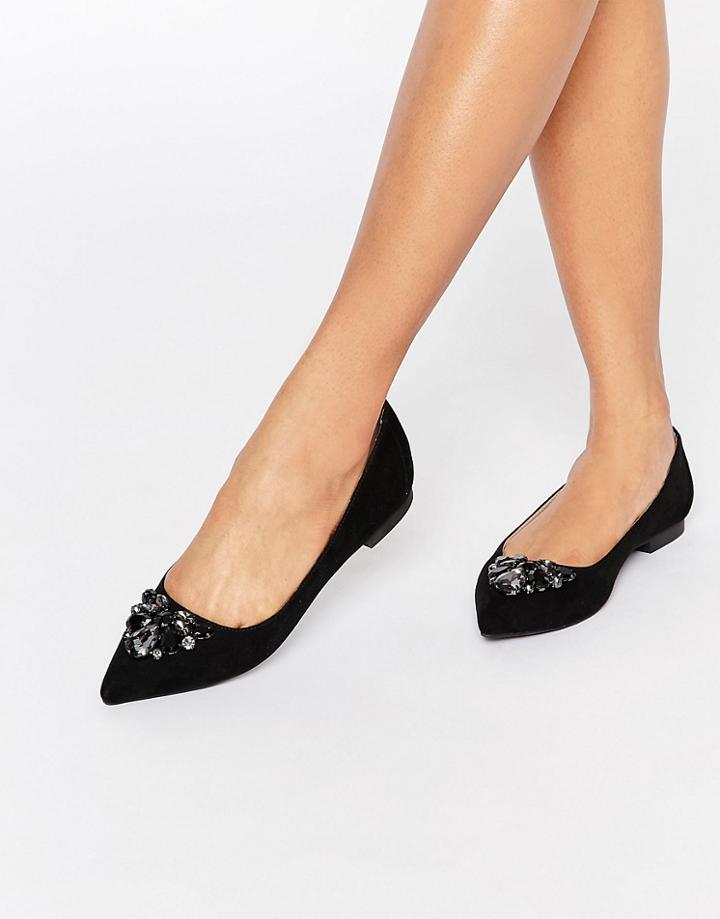Carvela Manic Embellished Point Flat Shoes - Black Suedette