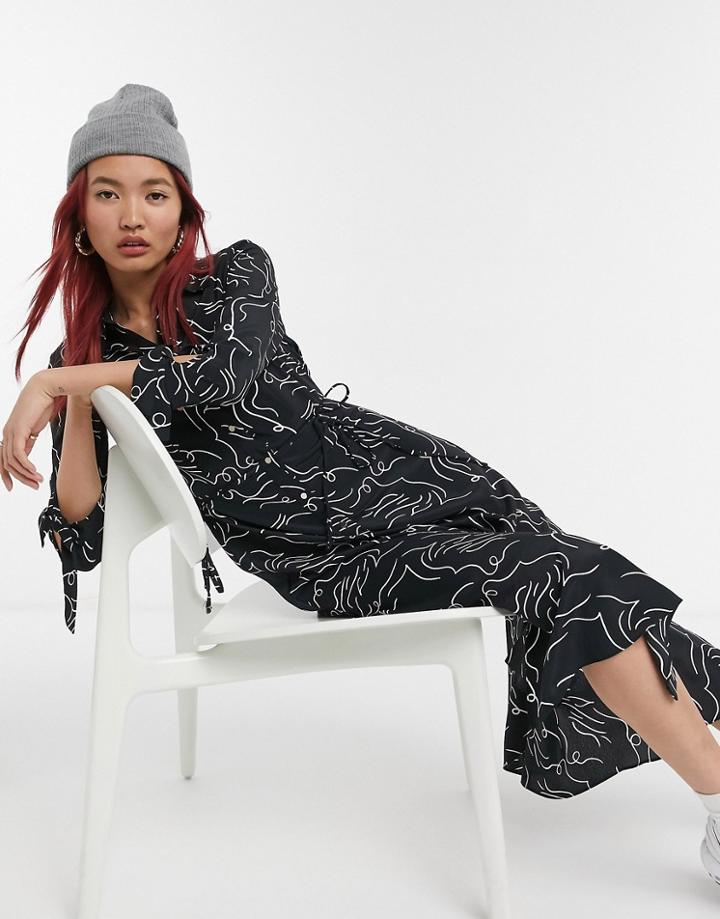 River Island Printed Tie Side Asymmetric Midi Shirt Dress In Black
