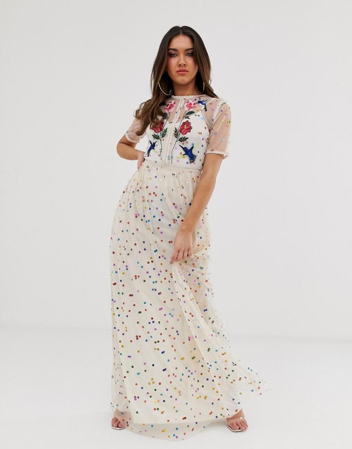 Frock And Frill Floral And Bird Embroidered Maxi Dress In Allover Rainbow Polka Print - Multi