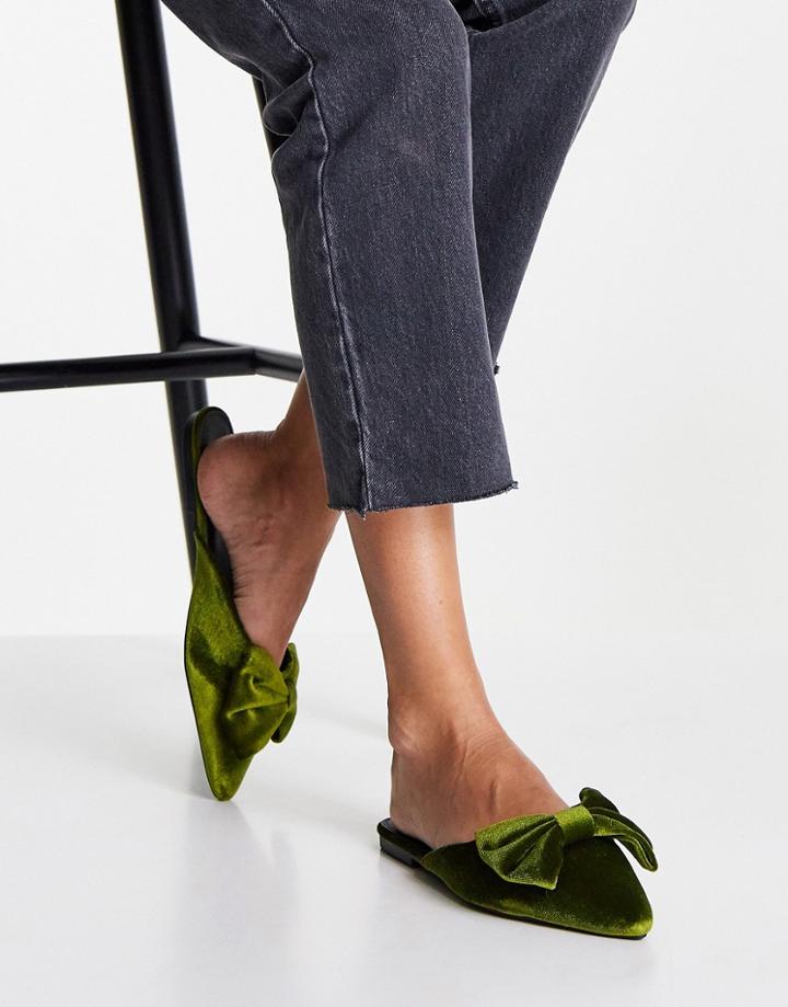 Asos Design Lass Oversized Bow Pointed Flat Mules In Green Velvet