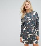Asos Tall Sweat Dress In Washed Camouflage - Green