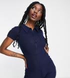 Collusion Collar Short Sleeve Romper In Navy
