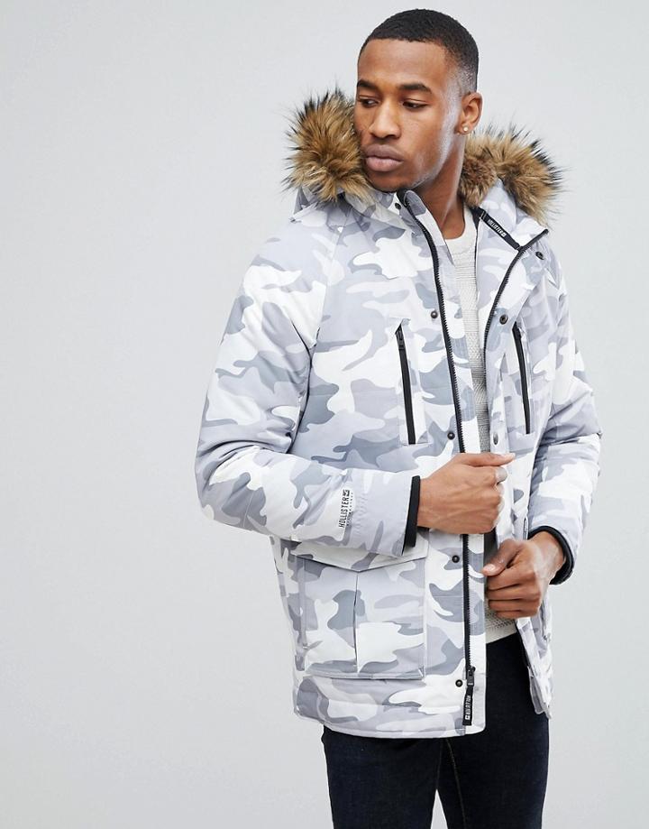 Hollister Padded Parka With Faux Fur Hood In Gray Camo - Gray