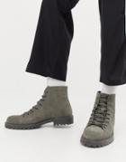 Asos Design Lace Up Boots In Gray Suede With Ribbed Sole - Gray