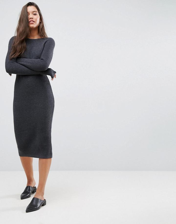 Asos Chunky Knit Midi Dress With Rib Panel - Gray