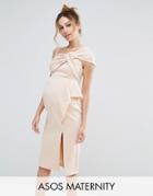 Asos Maternity Bow Front Midi Pencil Dress With Mesh Detail - Pink