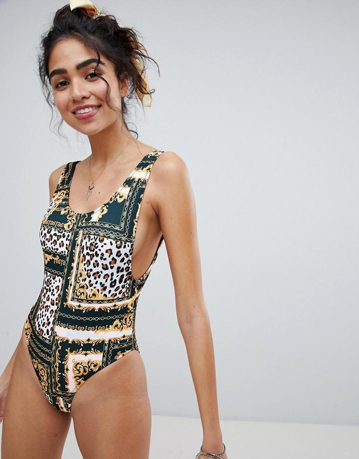 New Look Baroque Print High Leg Swimsuit - Multi